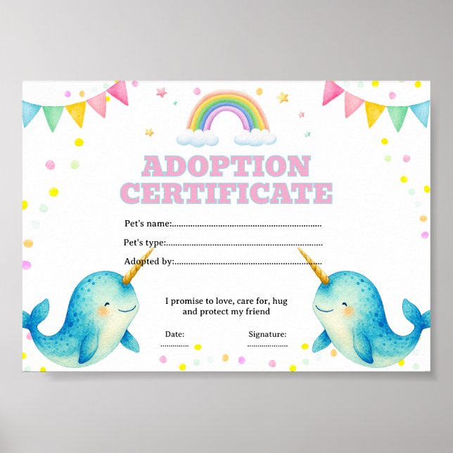Póster certificado editable de adopción de mascota de nar (Frente)