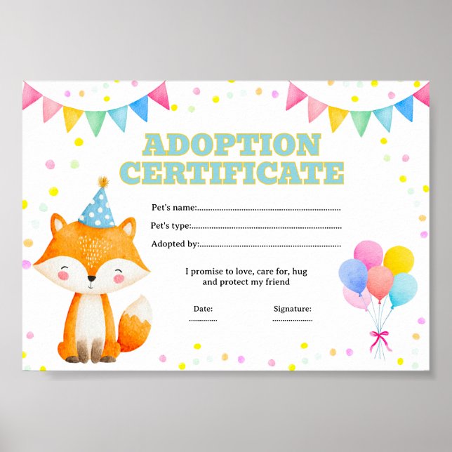 Póster Certificado editable de adopción de mascota de zor (Frente)