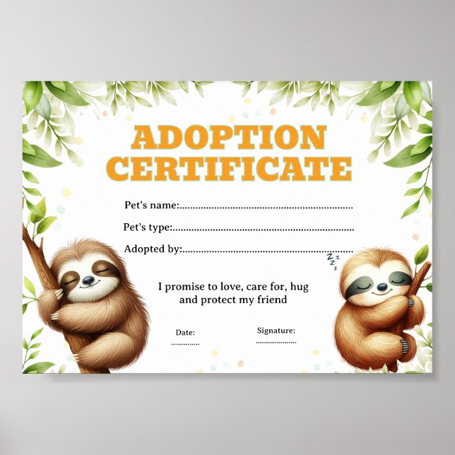 Póster certificado editable de adopción de mascota perezo (Frente)