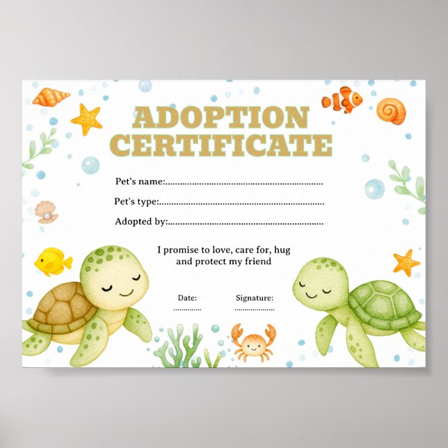 Póster certificado editable de adopción de mascota tortug (Frente)