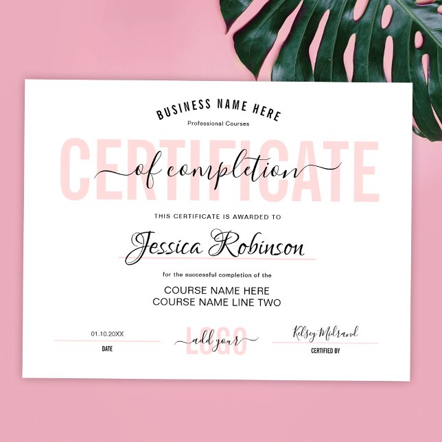 Póster Certificado Femenino Rosa Premio Descargable (Modern blush pink and white certificate of completion - can be ordered printed or downloadable)