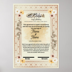 Póster Certificado floral de nikkah