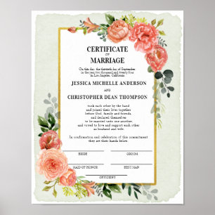 Póster Certificado Floral de Peach para el matrimonio Kee