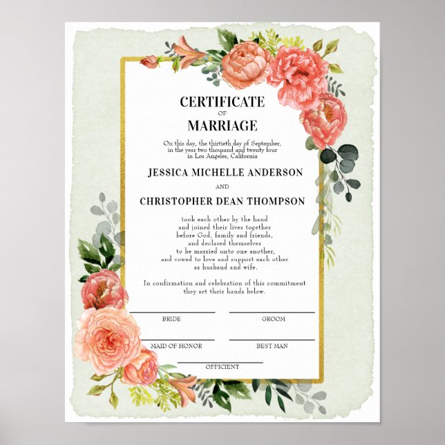 Póster Certificado Floral de Peach para el matrimonio Kee (Frente)