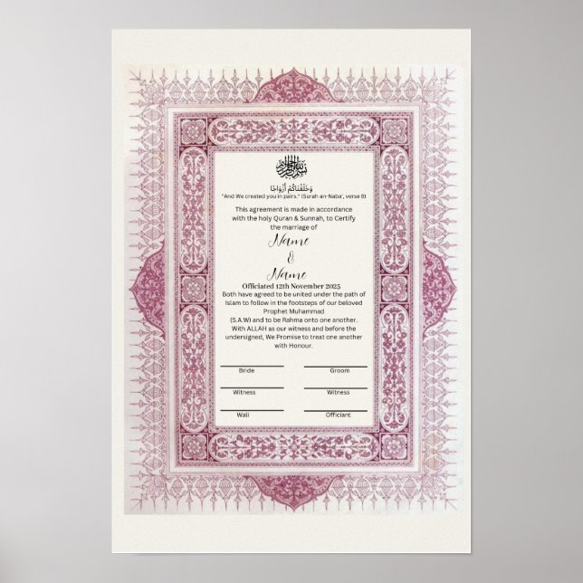 Póster Certificado islámico de frontera floral Nikkah (Frente)