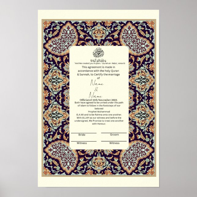 Póster Certificado islámico de frontera floral Nikkah (Frente)