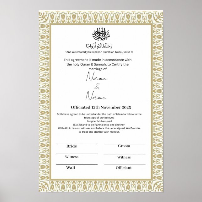 Póster Certificado islámico de frontera floral Nikkah (Frente)