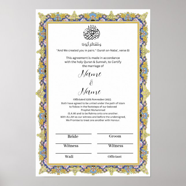 Póster Certificado islámico de frontera floral Nikkah (Frente)