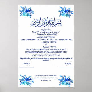 Póster Certificado Islámico de Nikah Acuarela Azul Real