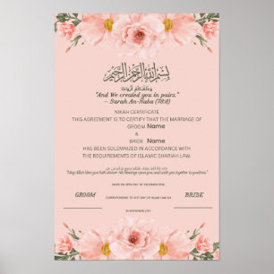 Póster Certificado Islámico de Nikah Acuarela Rosa Claro