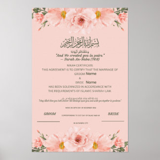 Póster Certificado Islámico de Nikah Acuarela Rosa Claro