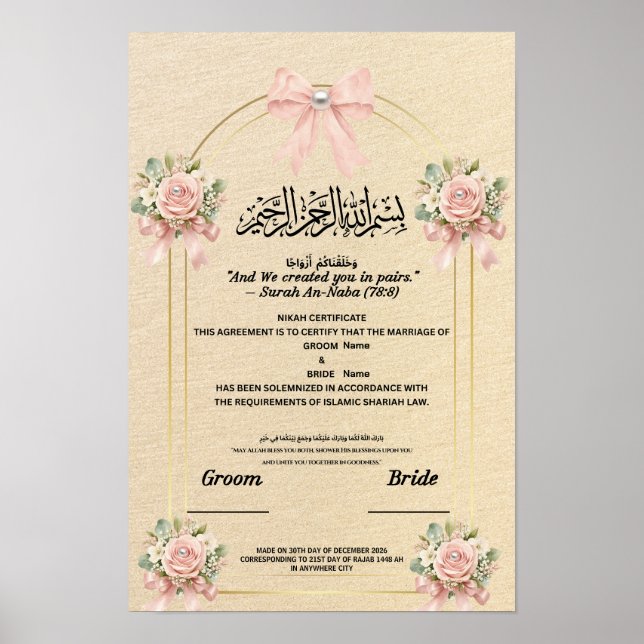 Póster Certificado Islámico de Nikah Arcoíris Rosa Perla  (Frente)