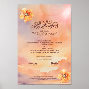 Póster Certificado Islámico de Nikah Floral Melocotón y P