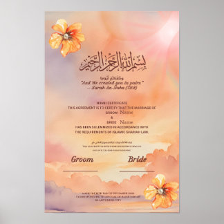 Póster Certificado Islámico de Nikah Floral Melocotón y P