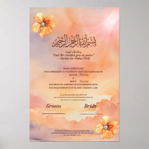 Póster Certificado Islámico de Nikah Floral Melocotón y P