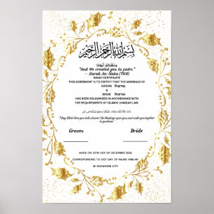 Póster Certificado Islámico de Nikah Hoja de Oro Elegante