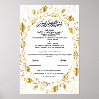 Póster Certificado Islámico de Nikah Hoja de Oro Elegante