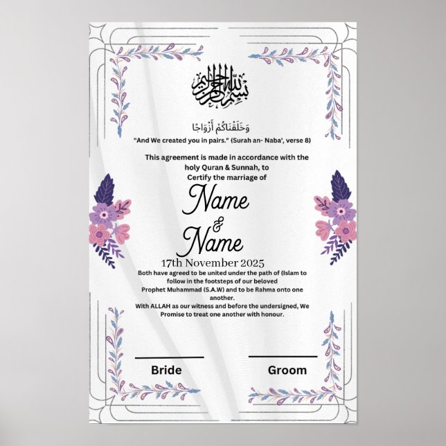 Póster Certificado islámico de nikkah púrpura (Frente)