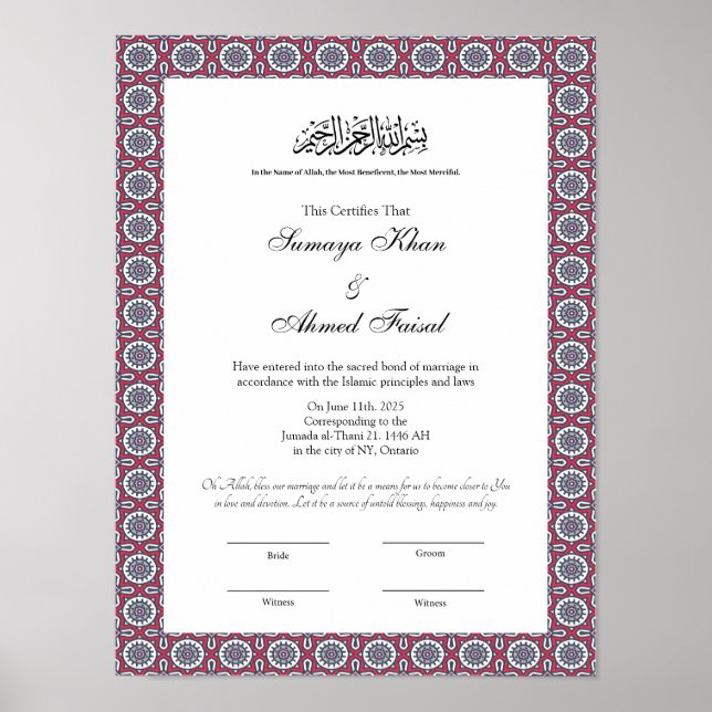 Póster certificado islámico musulmán nikkah (Frente)