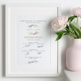 Póster Certificado matrimonial con garland floral en rosa