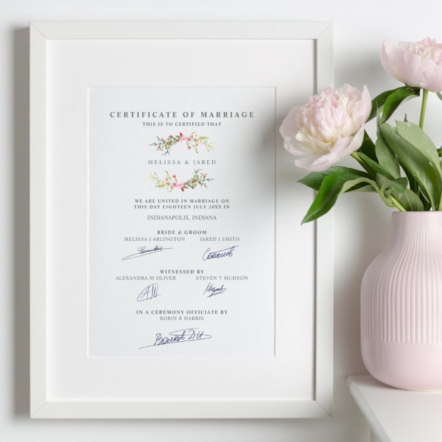 Póster Certificado matrimonial con garland floral en rosa (Subido por el creador)