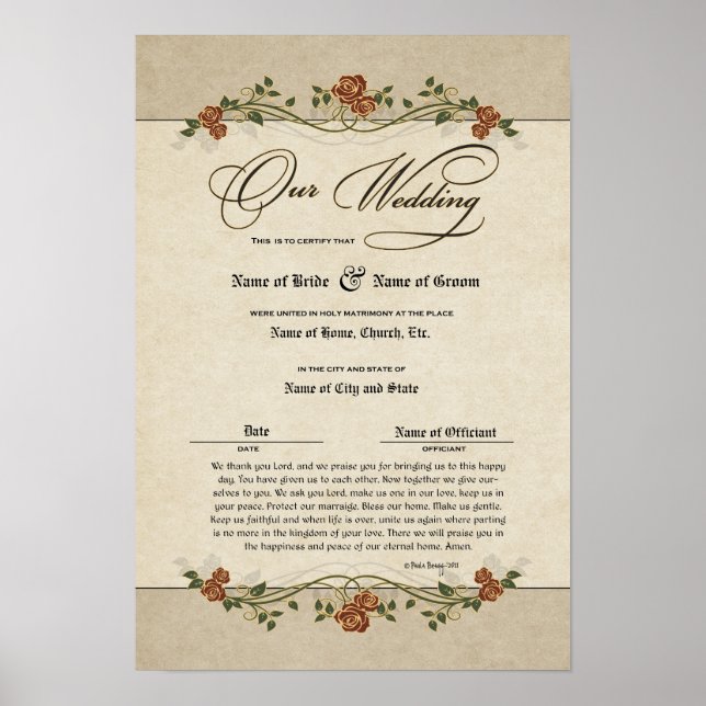 Póster Certificado Matrimonio-Boda-(Recuerdo Ornamental) (Frente)