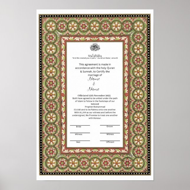 Póster Certificado Nikkah de frontera islámica (Frente)