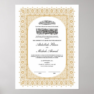 Póster Certificado Nikkah de oro para Boda islámico musul