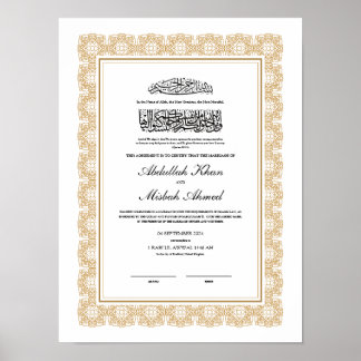 Póster Certificado Nikkah de oro para Boda islámico musul