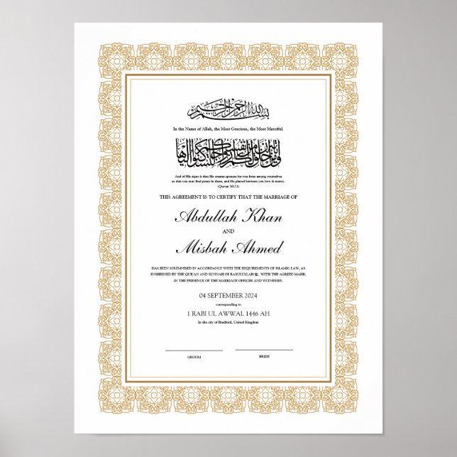 Póster Certificado Nikkah de oro para Boda islámico musul (Frente)