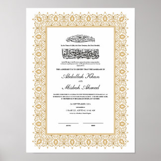 Póster Certificado Nikkah de oro para Boda islámico musul