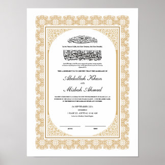 Póster Certificado Nikkah de oro para Boda islámico musul