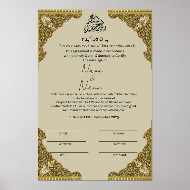 Póster Certificado Nikkah islámico (Frente)