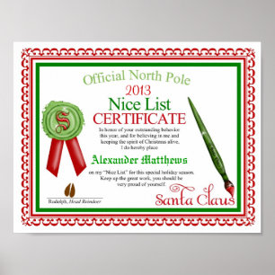 Póster Certificado oficial de la lista de Papá Noel Niza