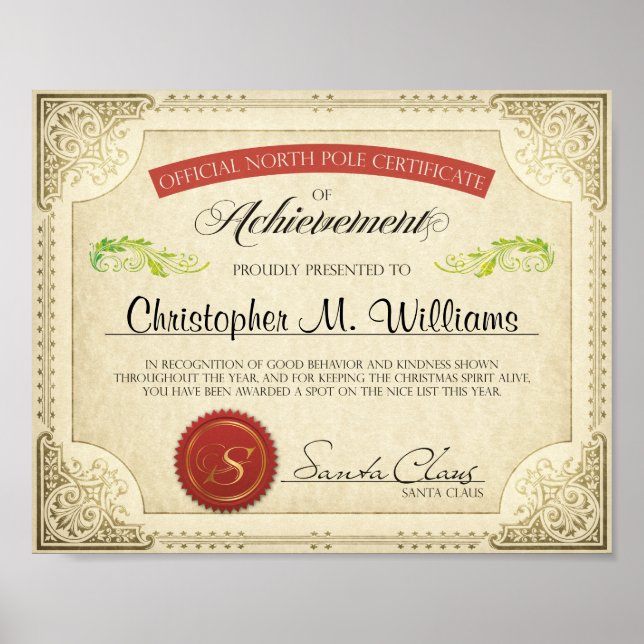 Póster Certificado personalizado de la lista de Santa Cla (Frente)