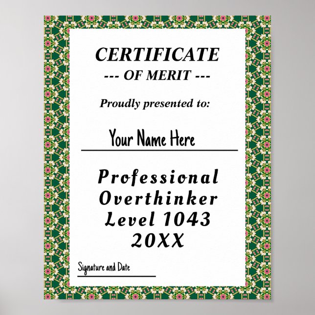 Póster Certificado profesional de sobrepensador (Frente)