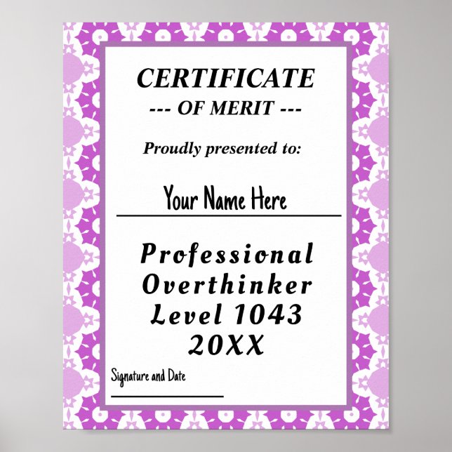 Póster Certificado profesional de sobrepensador (Frente)