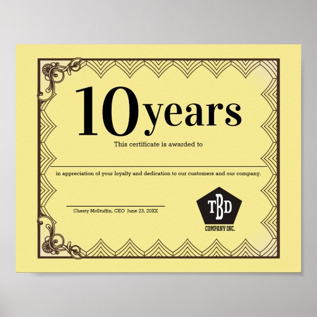 Póster Certificado universal de aniversario de los emplea (Frente)