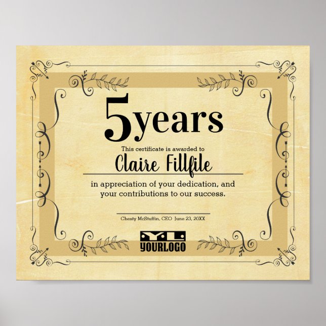 Póster Certificado universal de aniversario para empleado (Frente)