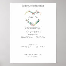 Póster Certificate of Marriage Floral Heart in Pink