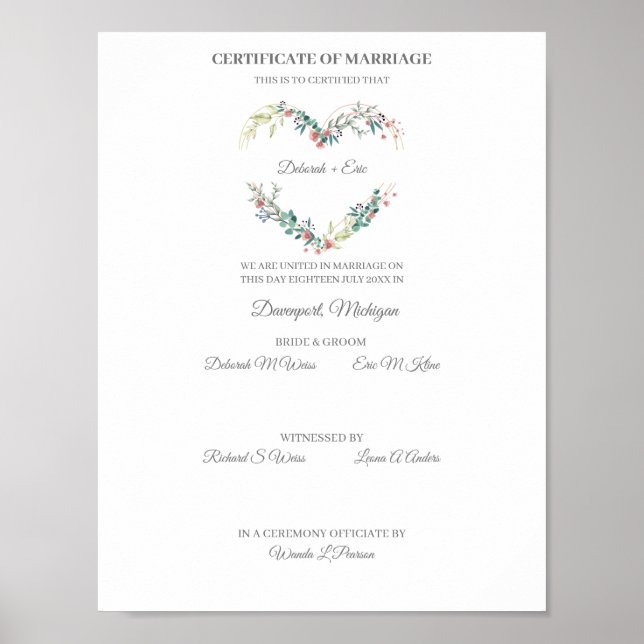 Póster Certificate of Marriage Floral Heart in Pink (Frente)