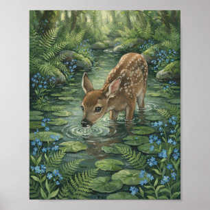 Póster Cervatillo bebiendo en el arroyo azul No me olvide