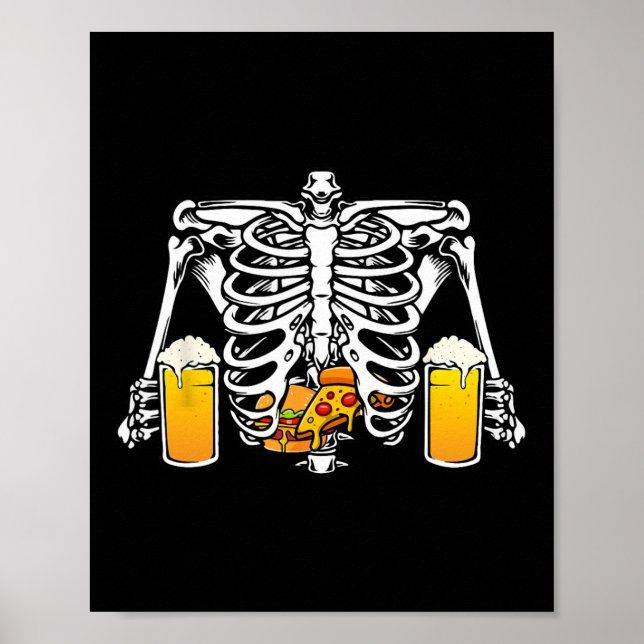 Póster Cerveza Skeleton Lover Hamburger Pizza Xray Hallow (Frente)