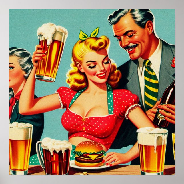 Póster Cerveza vintage y Ilustracion de hamburguesas (Frente)