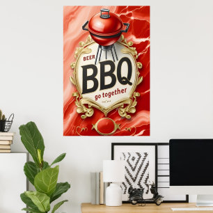 Póster Cerveza y barbacoa juntos