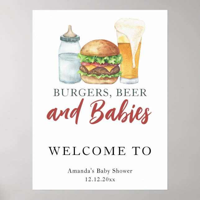 Póster Cerveza y hamburguesas con ducha de bebé (Frente)