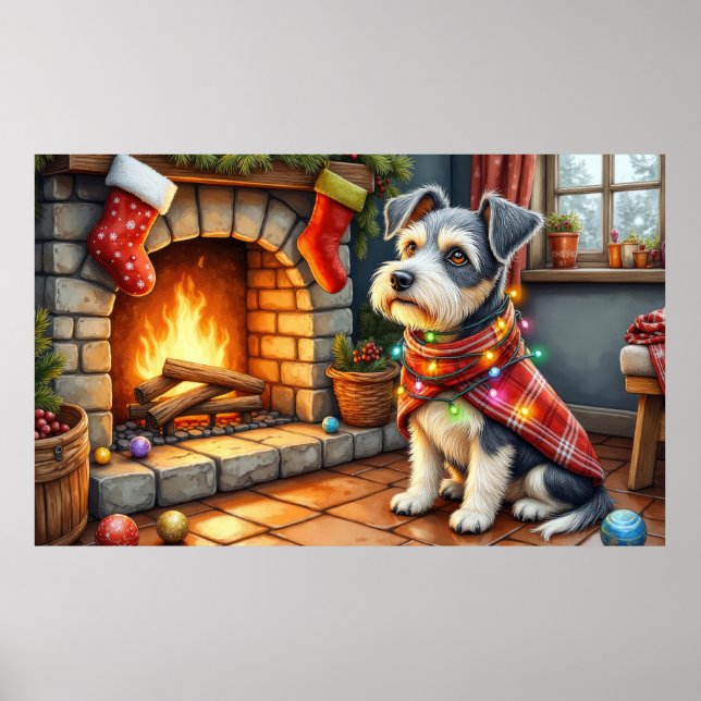 Póster Cesky Terrier Fireplace with Christmas Lights (Frente)