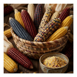 Póster Cesta de cosecha tradicional con maíz y granos Fl