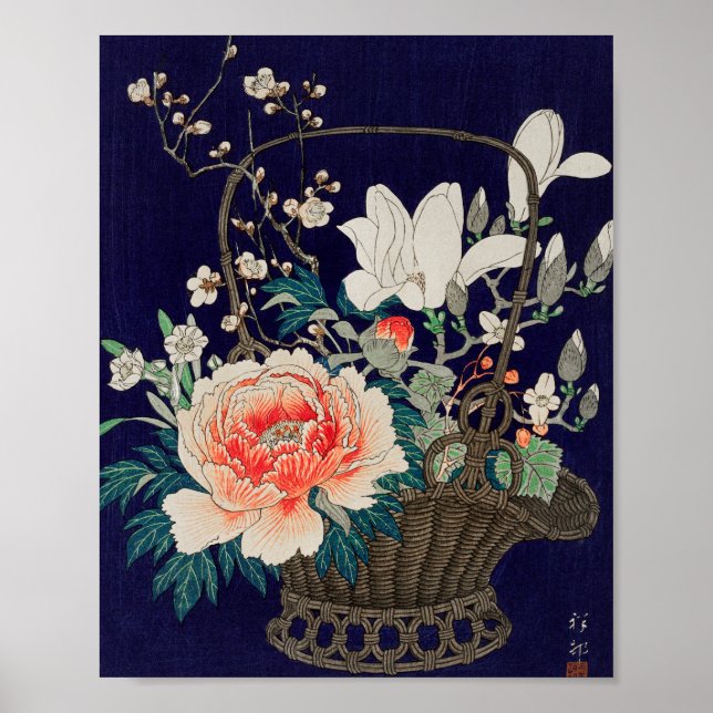 Póster Cesta de flores de bambú Ilustracion Ohara Koson (Frente)