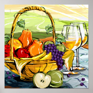 Póster Cesta de frutas picnic y Poster de vino de color a
